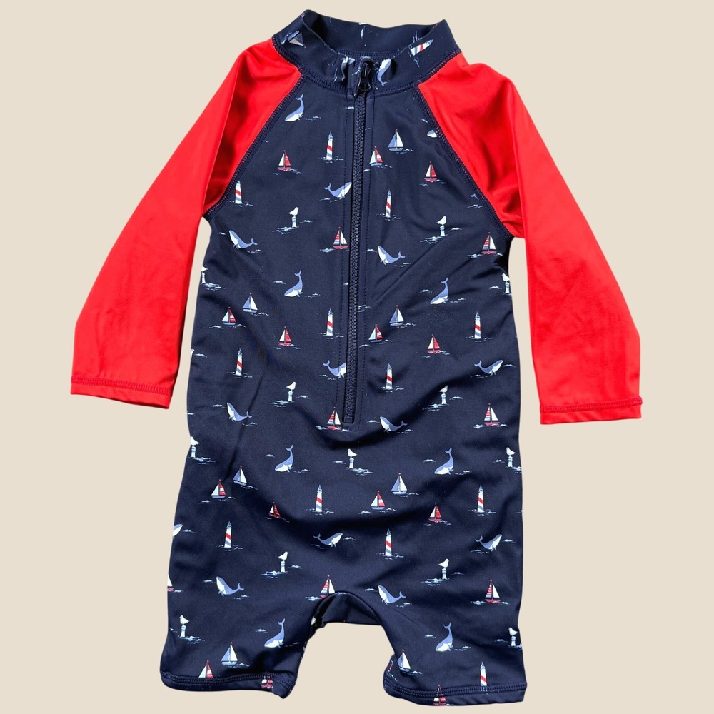 Janie and Jack Swimsuit Youth 18-24M Navy Nautical Whale Sailboat Rash Guard New